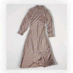 ZARA Floral Print Satin Long-sleeved Midi Dress High Neck Victorian Boho Chic Sm